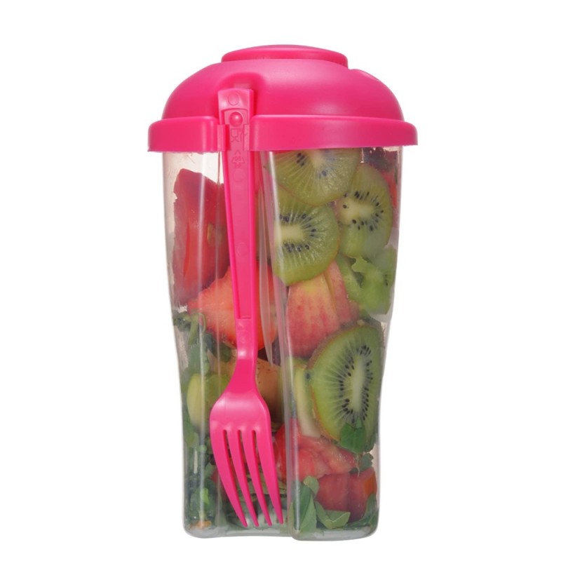 GymsCart Salad/Fruit Cup with Cap and Fork 3000 ml Flask  (Pack of 1, Pink, Clear, Plastic)