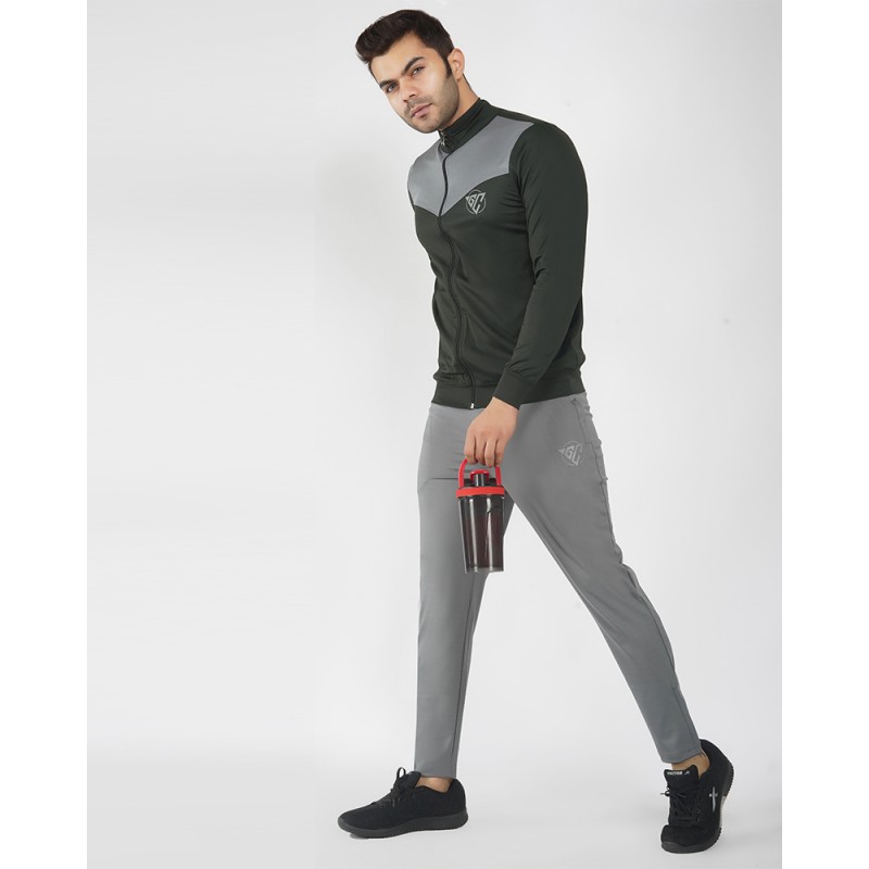 GymsCart Lycra Track Suit for Gym, Running, Sports & Outdoor (Top & Bottom Zipper Style) Grey